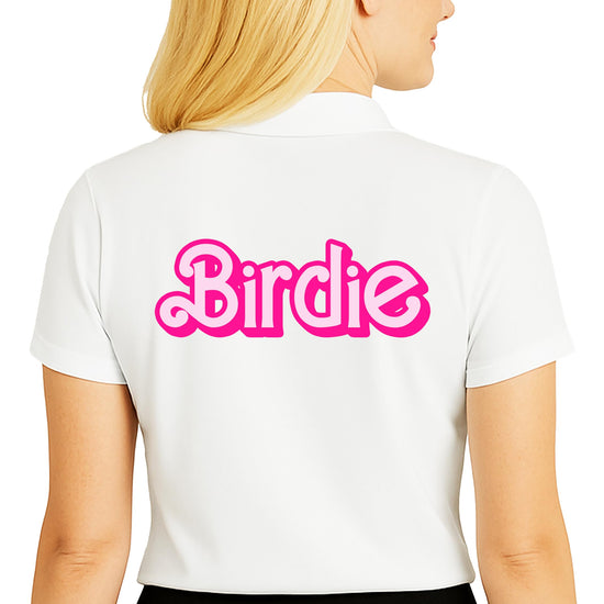 Woman wearing pink birdie polo shirt in sleeveless style with vintage golf graphics