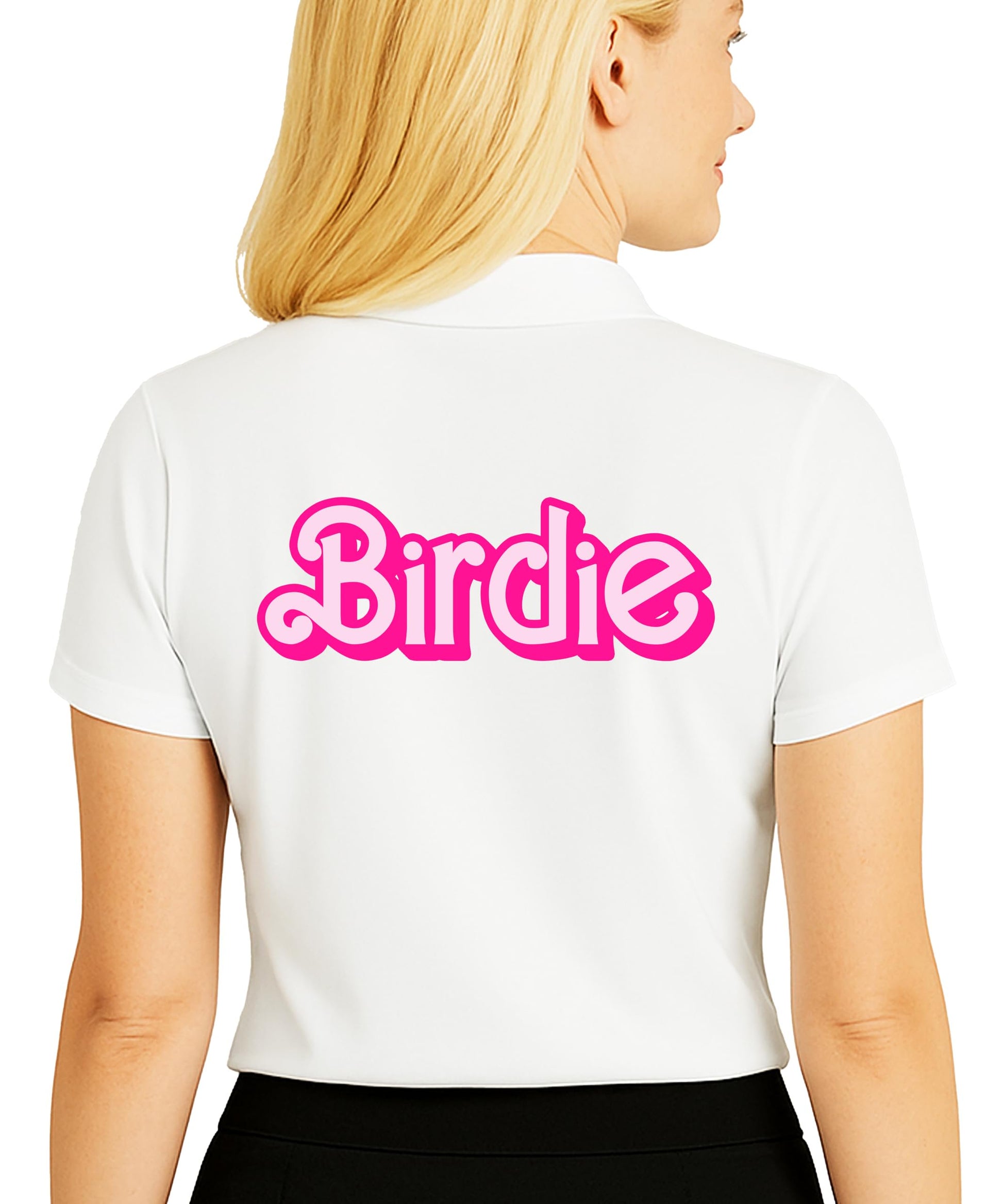 Woman wearing pink birdie polo shirt in sleeveless style with vintage golf graphics