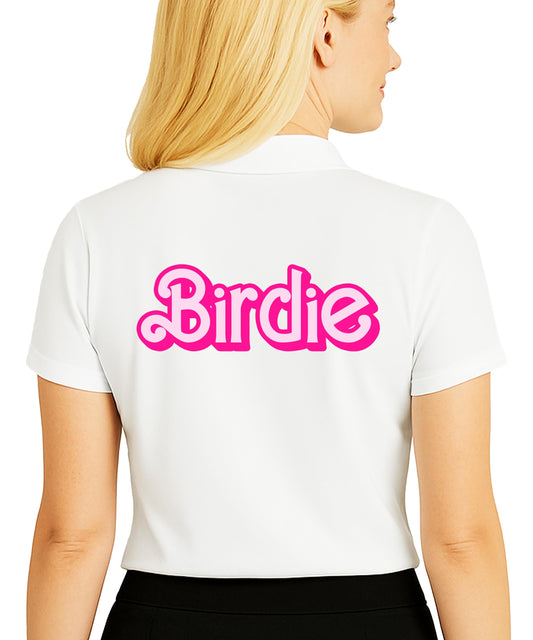 Woman wearing pink birdie polo shirt in sleeveless style with vintage golf graphics