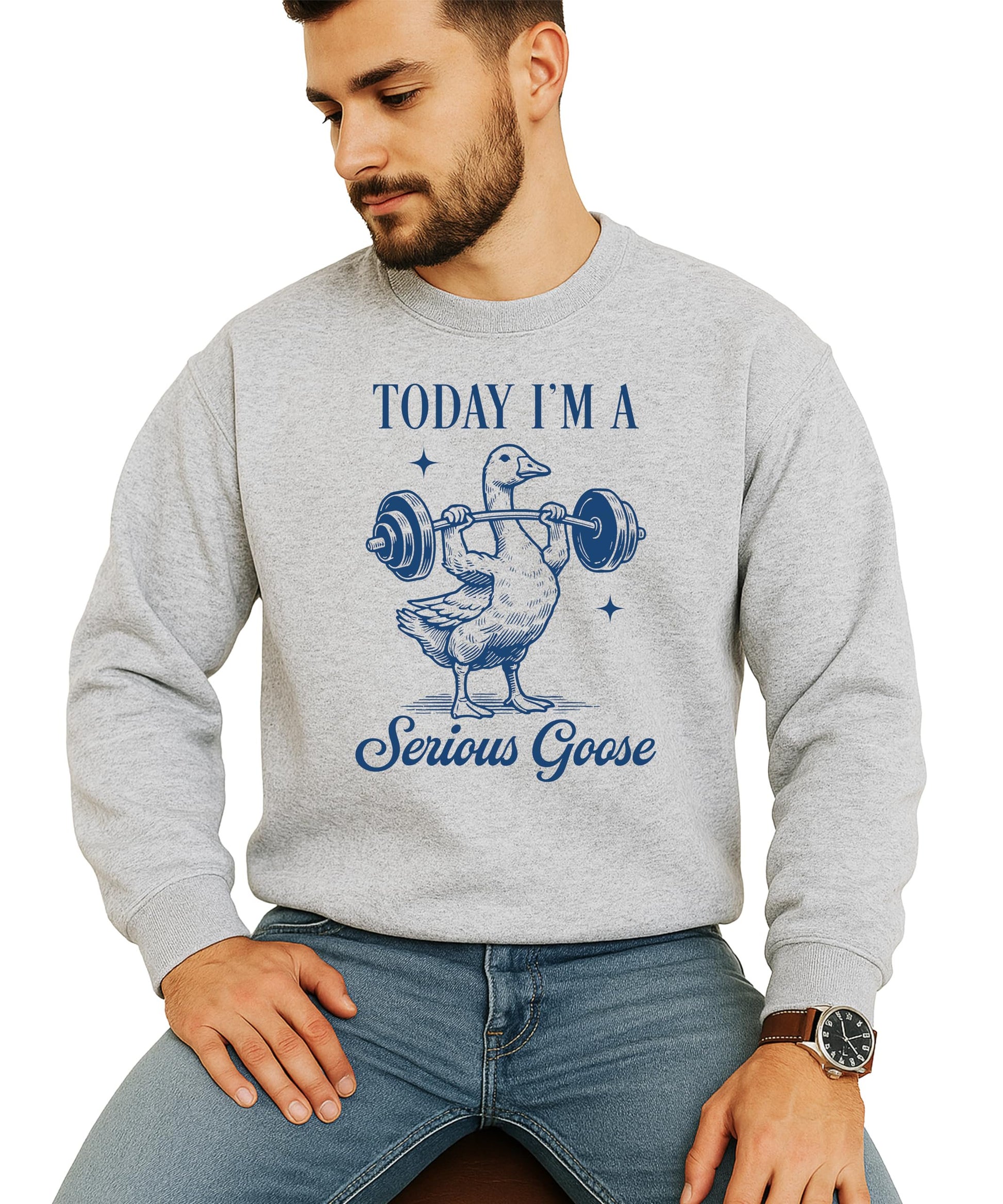 Close-up of funny muscular goose lifting weights print on black pullover sweatshirt