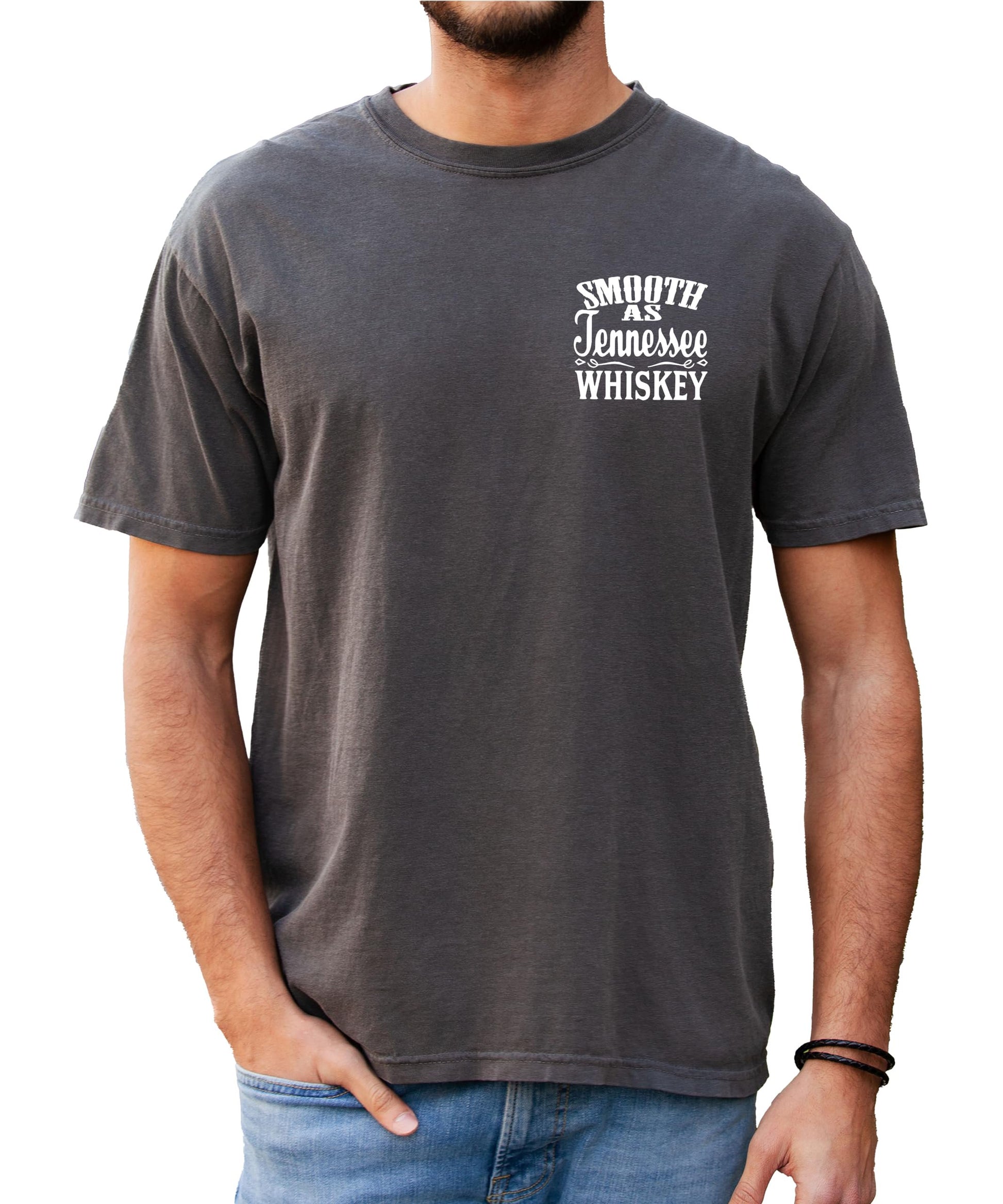 Detail shot of Tennessee Whiskey country t-shirt print quality and design