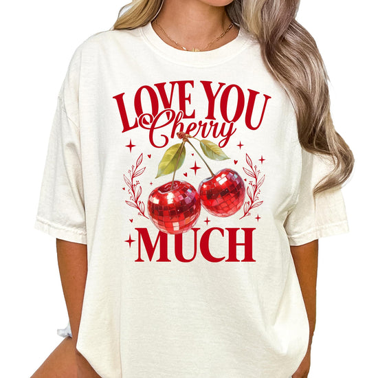 Flat lay of Love You Cherry Much graphic tee for women, Valentine's Day apparel