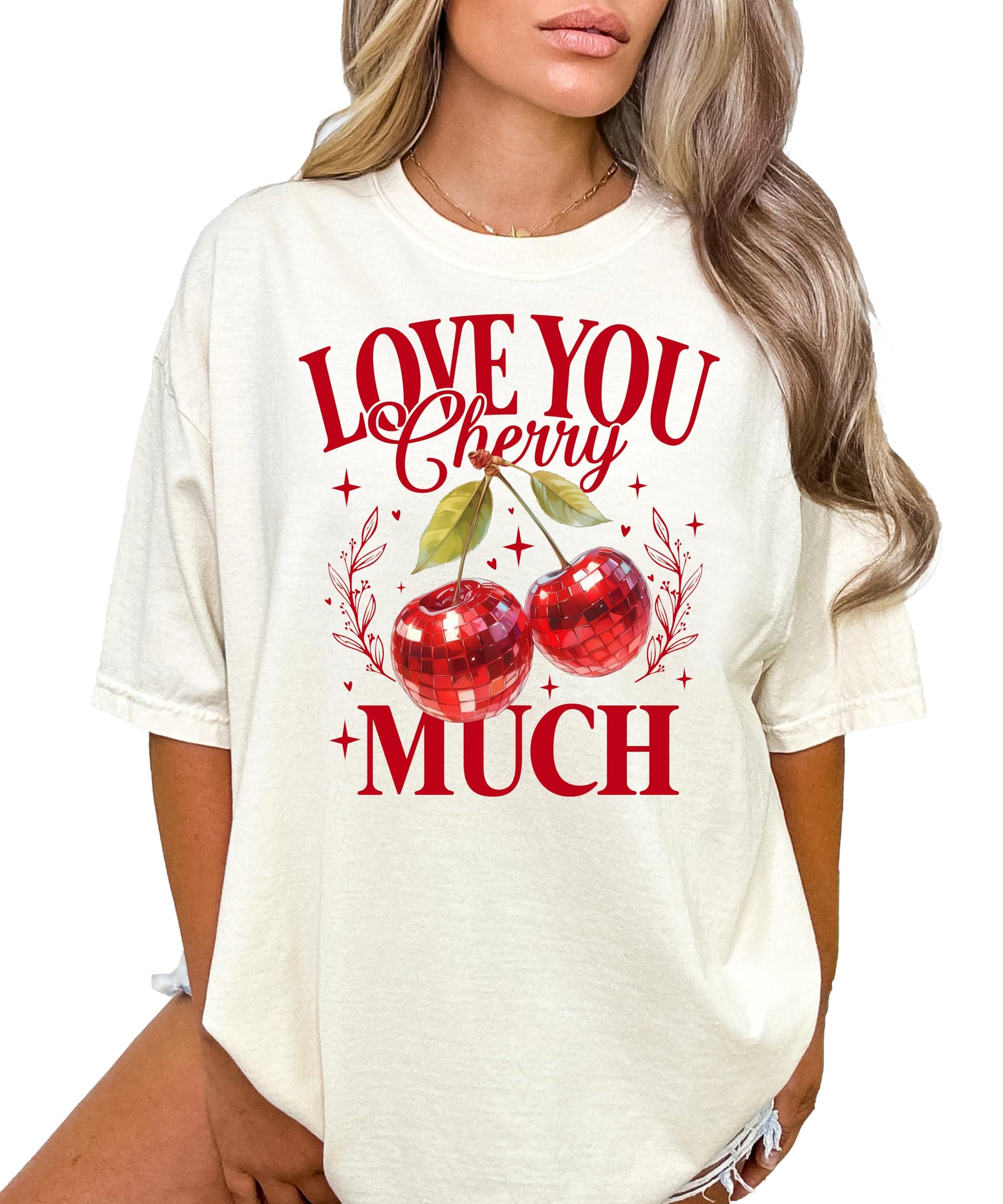 Flat lay of Love You Cherry Much graphic tee for women, Valentine's Day apparel