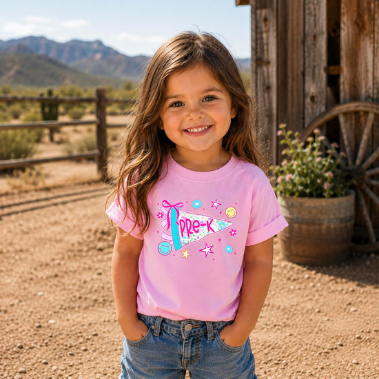 Pink colorway of girls floral Pre-K pennant tee — first day of preschool back to school graphic shirt