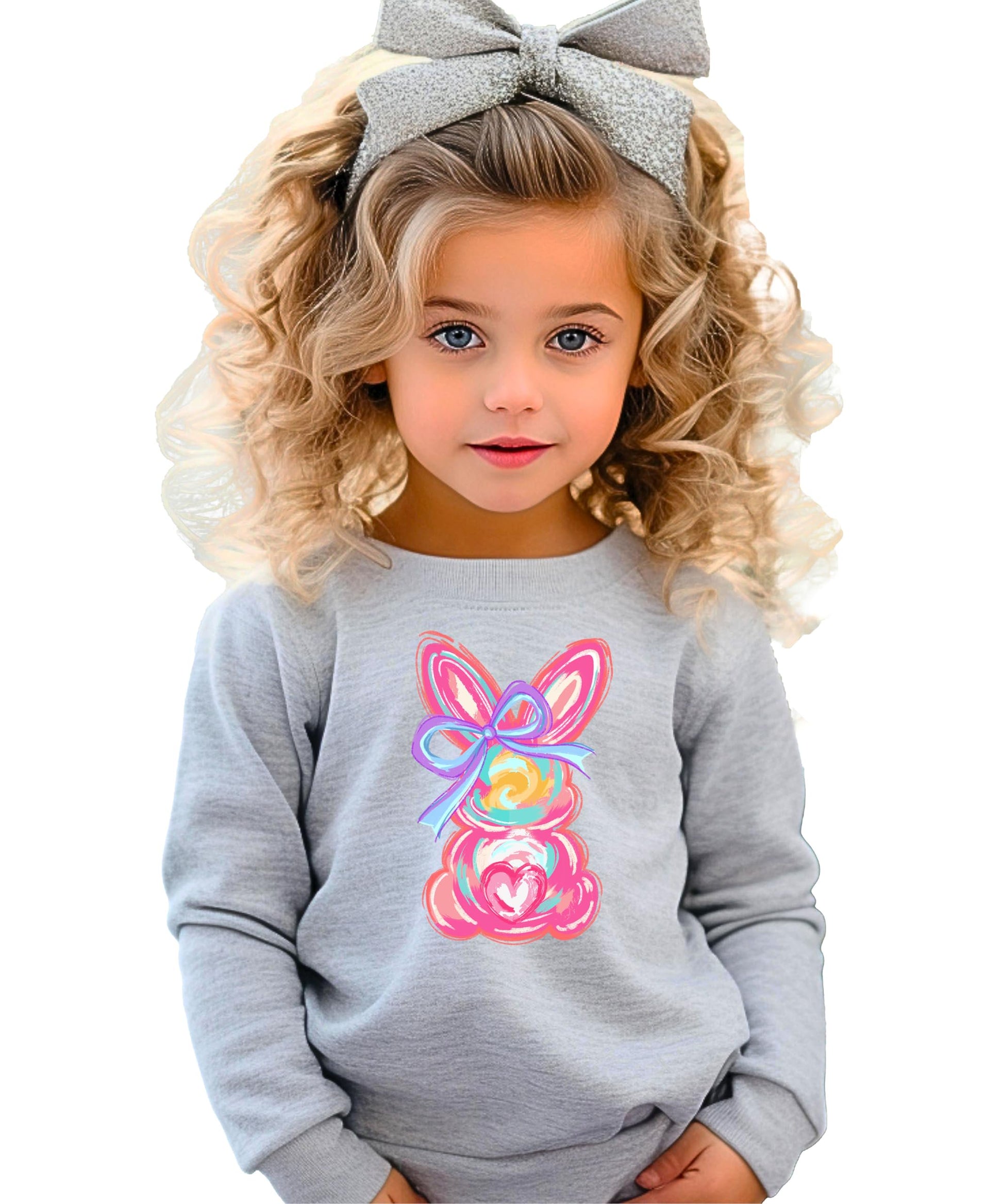 Side or styled view of Olive Loves Apple girls Easter bunny sweatshirt for spring and Easter celebrations