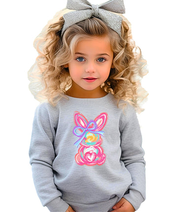 Side or styled view of Olive Loves Apple girls Easter bunny sweatshirt for spring and Easter celebrations