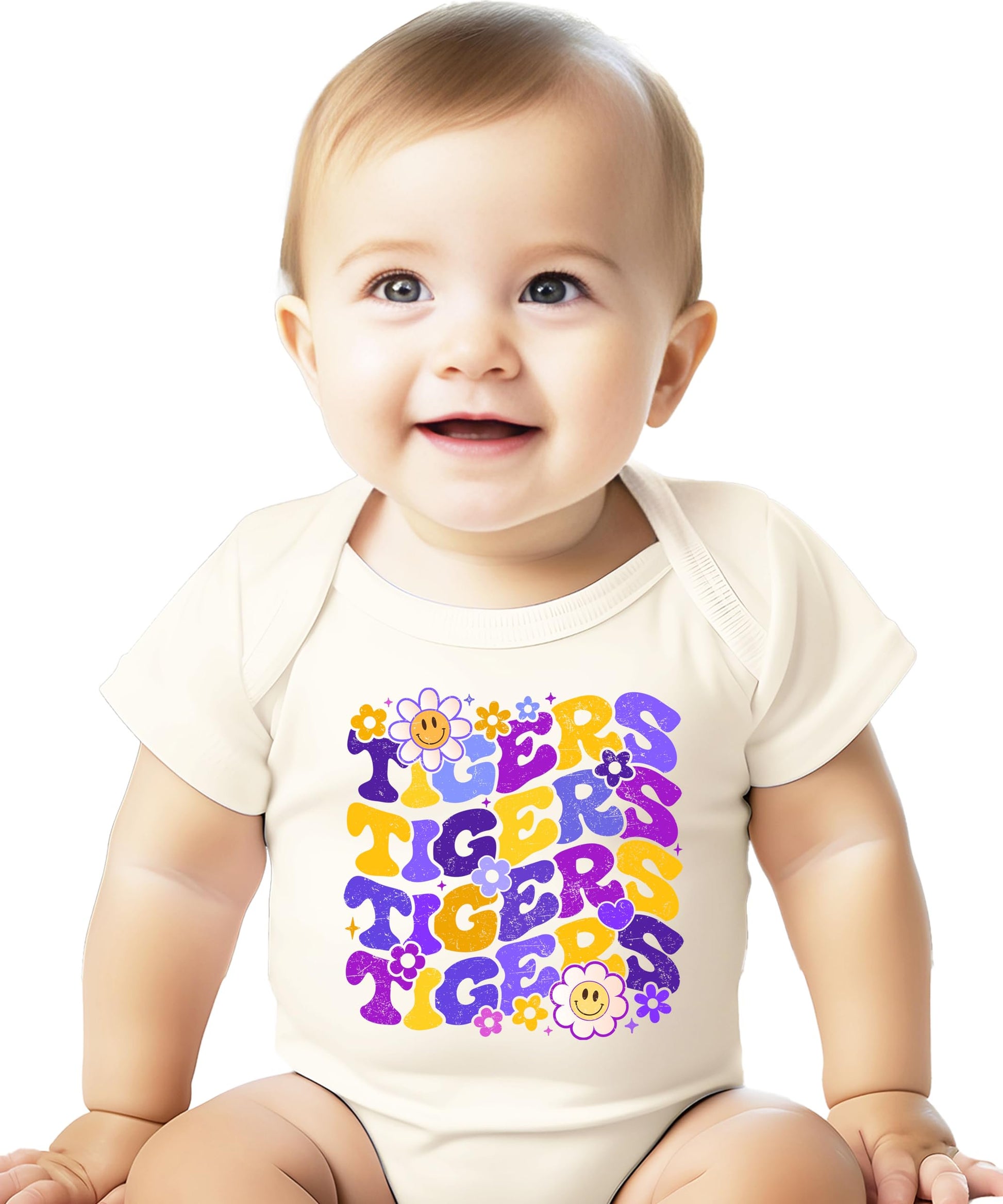 Model wearing Purple Tigers team spirit t-shirt styled casually