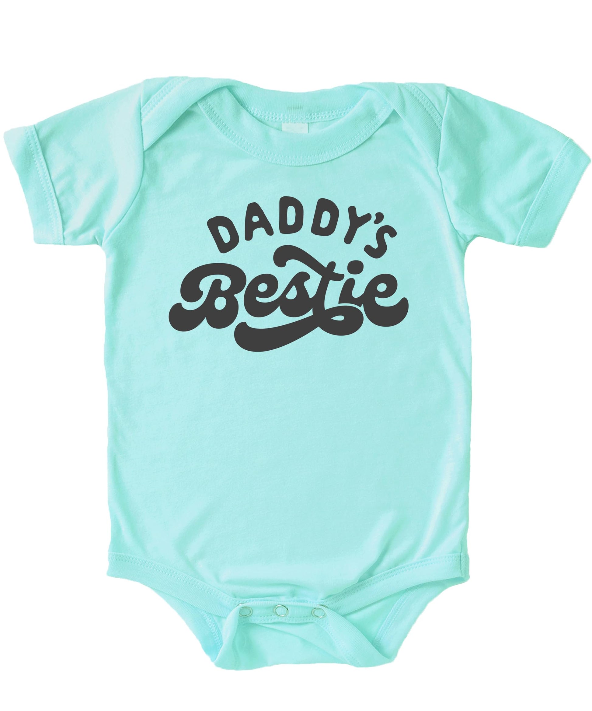 Lifestyle or styled shot of Daddy's Bestie retro graphic baby bodysuit, perfect baby shower gift