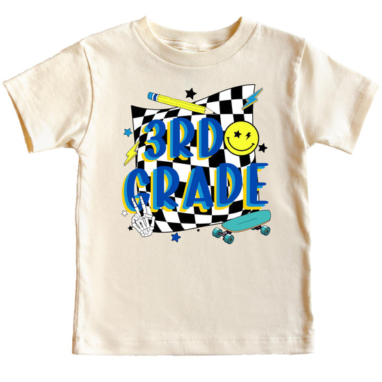Back view of retro skateboard graphic kids tee in natural color
