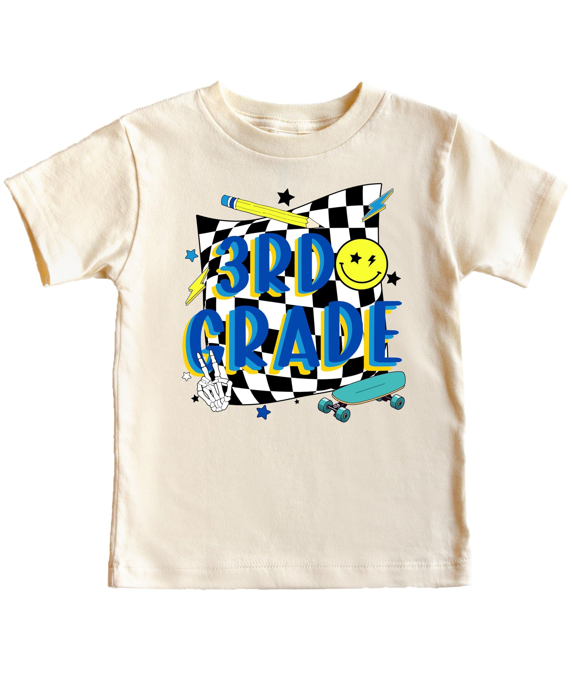 Back view of retro skateboard graphic kids tee in natural color