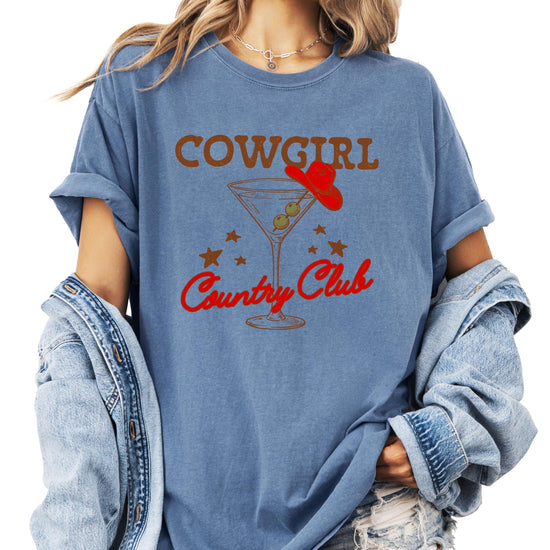 Women's Cowgirl Country Club vintage graphic tee with cowboy hat and martini glass design