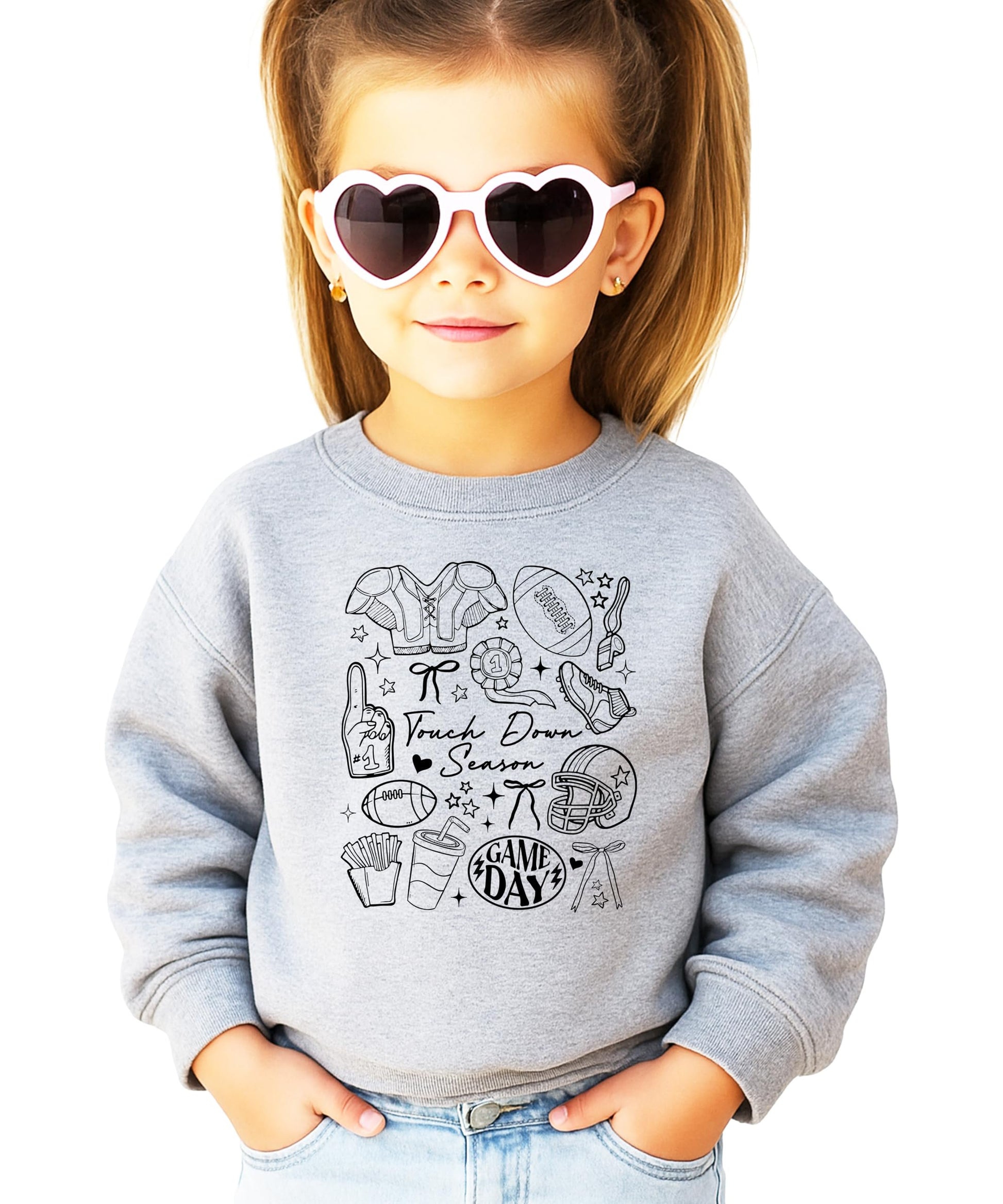 Close-up view of Touch Down Season football graphic design on gray sweatshirt showing game day elements