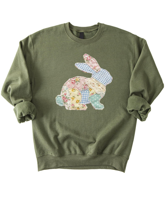Ink Printed Image NOT a Quilt Patch - Easter Floral Bunny Faux Patchwork Pullover