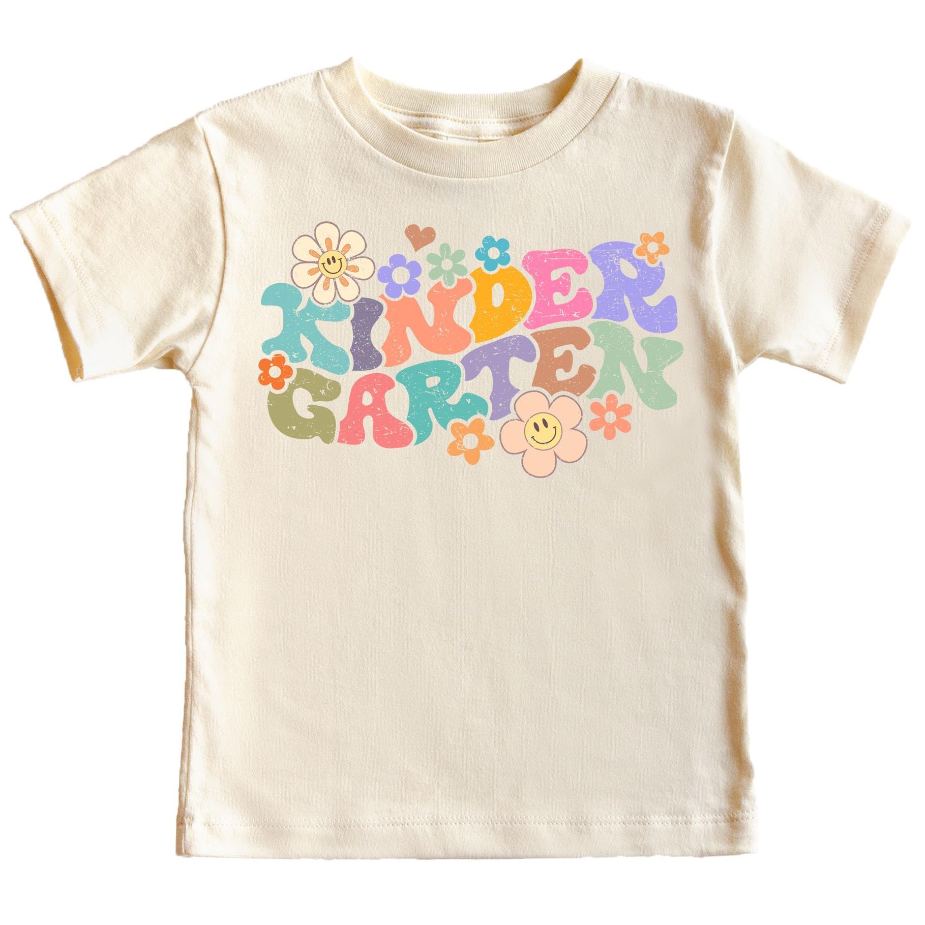 Close-up of groovy daisy kindergarten back to school graphic print on natural youth t-shirt