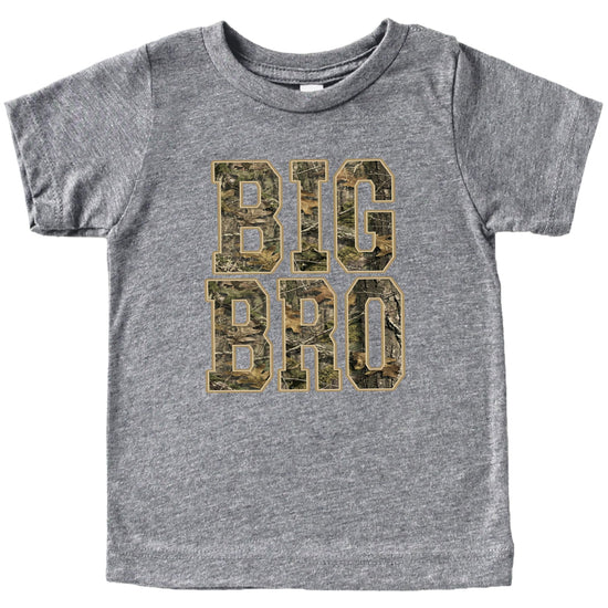 Close-up of Big Bro camo graphic print on boys tee showing vibrant, high-quality professional printing