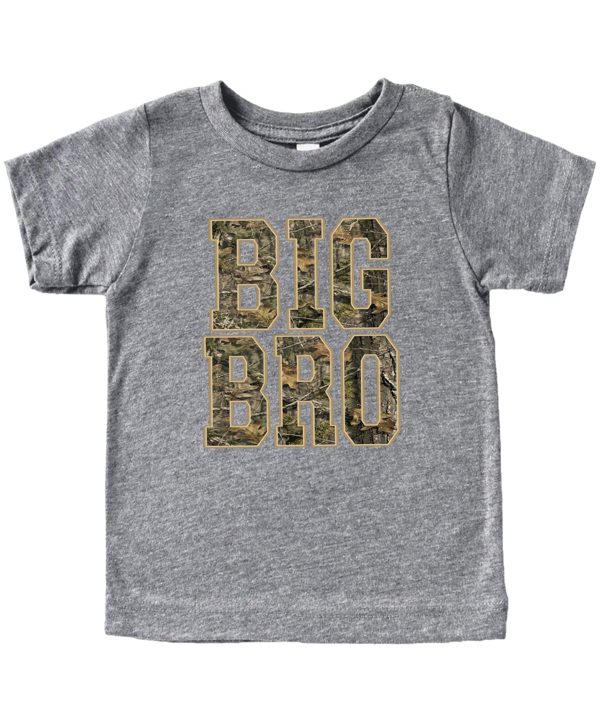 Close-up of Big Bro camo graphic print on boys tee showing vibrant, high-quality professional printing