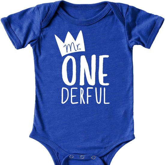 Mr. One-Derful bodysuit displayed showing full front graphic for baby's first birthday