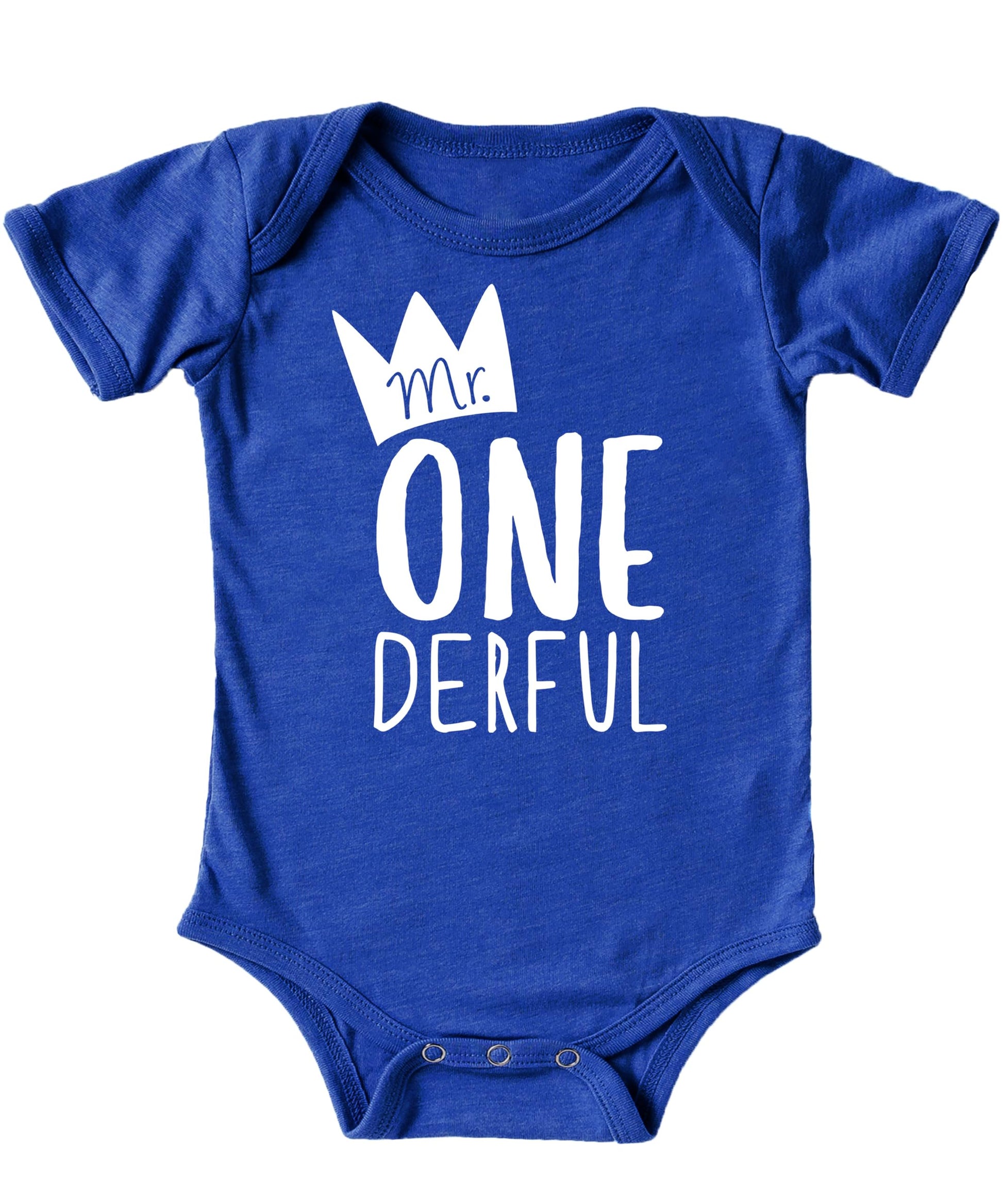 Mr. One-Derful bodysuit displayed showing full front graphic for baby's first birthday