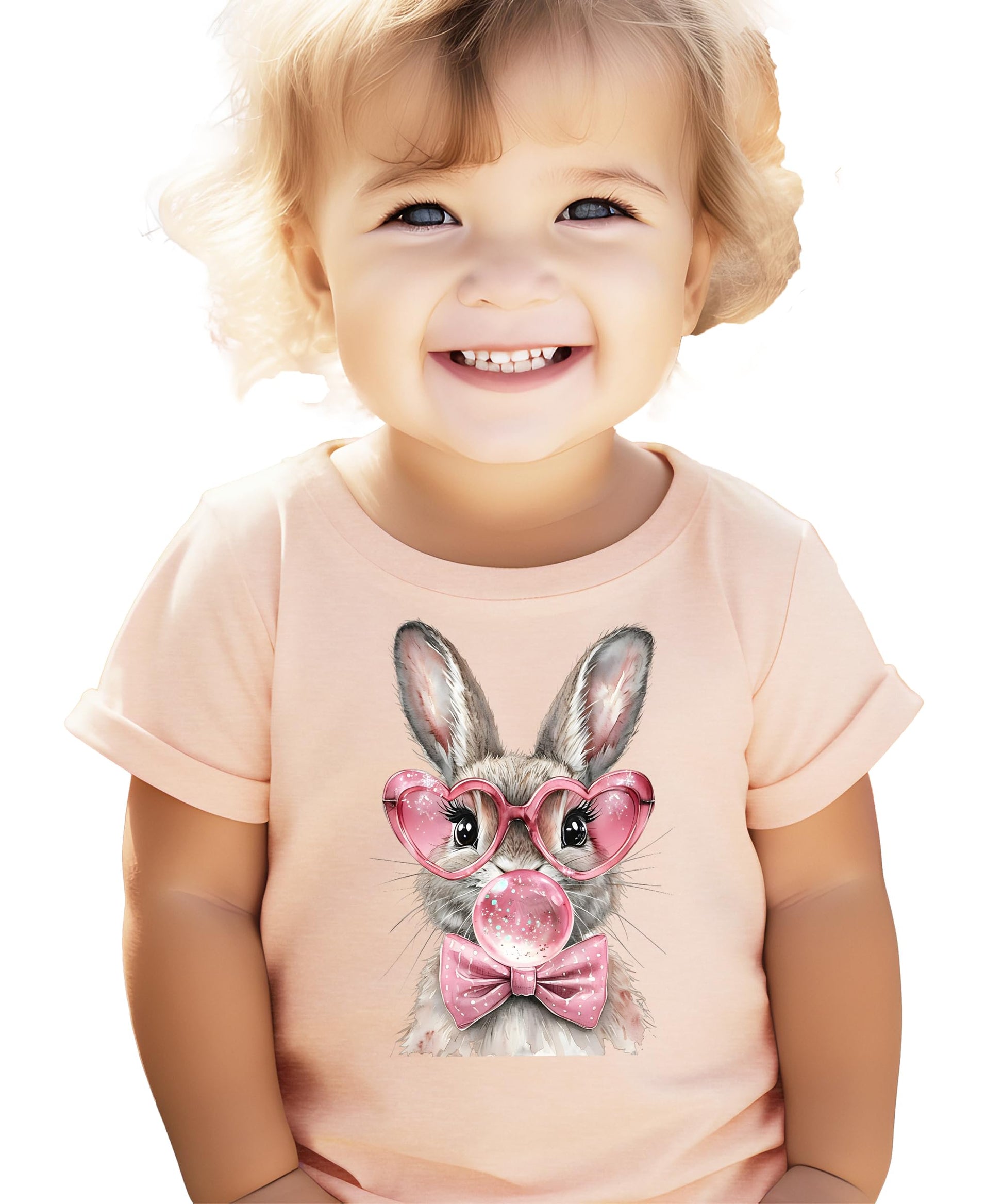 Toddler Easter graphic tee featuring cute bunny in heart-shaped glasses on peach fabric