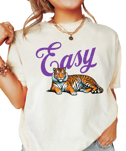 Easy Tiger women's ivory graphic tee with bold purple lettering and detailed tiger design, front view