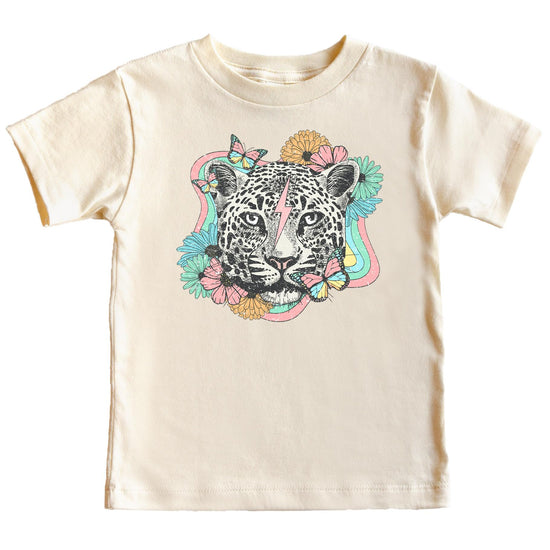 Girls wearing colorful retro leopard and flowers graphic tee, casual everyday style