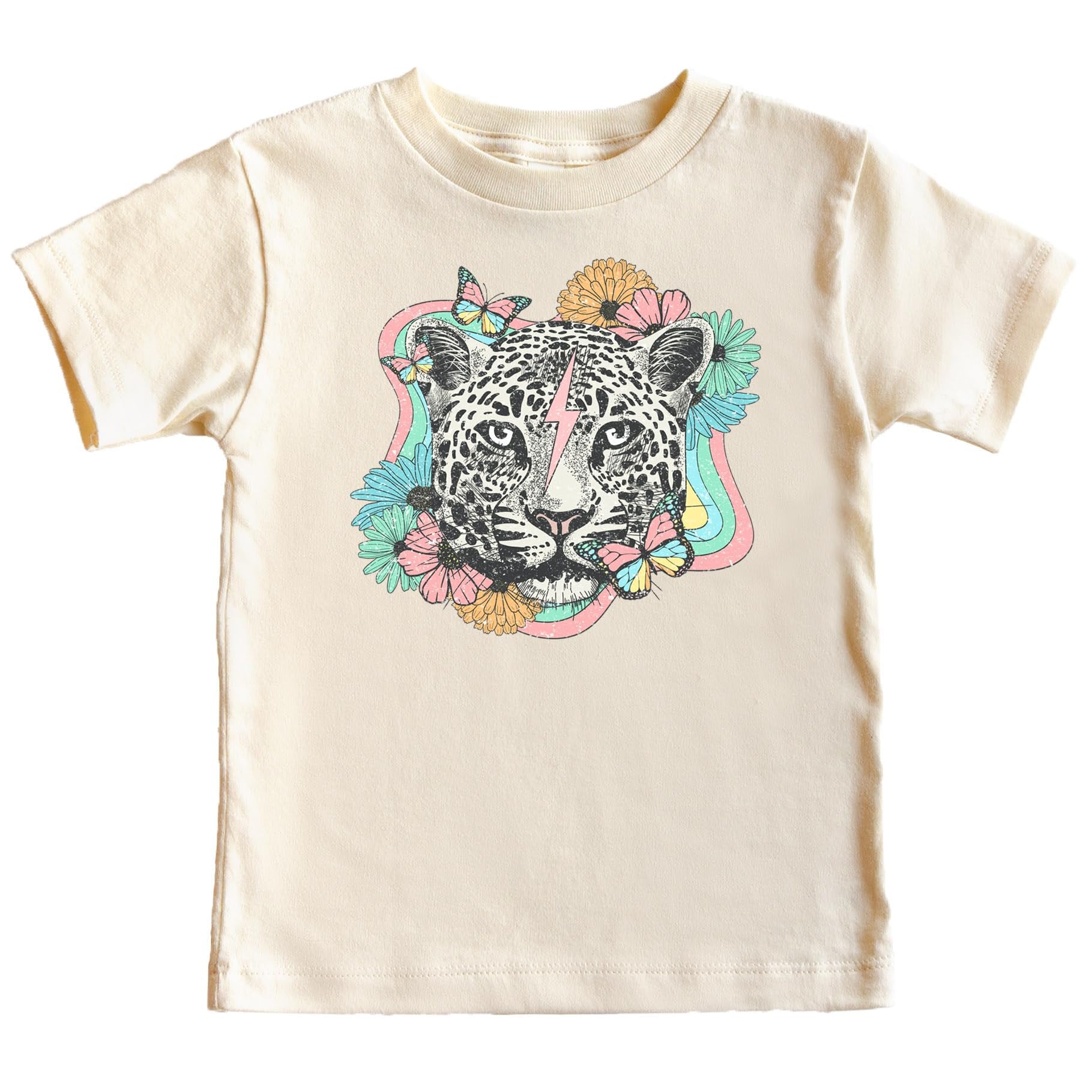 Girls wearing colorful retro leopard and flowers graphic tee, casual everyday style