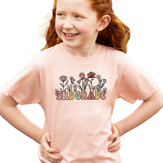 Back to school floral graphic tee for girls in military green, full product view