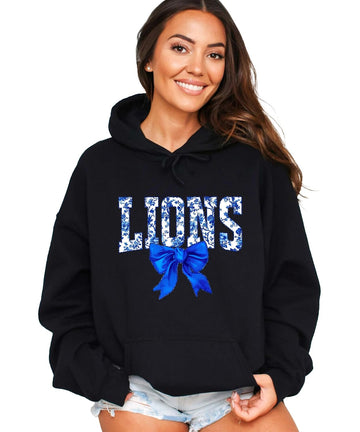 Olive Loves Apple Lions Blue Floral Coquette Bow Hoodie for Women & Teens Trendy School Spirit Game Day Sweatshirt