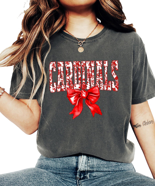 Cardinals Team Red Coquette Bow Shirt for Women and Teens Trendy Floral Sports Fan Tee