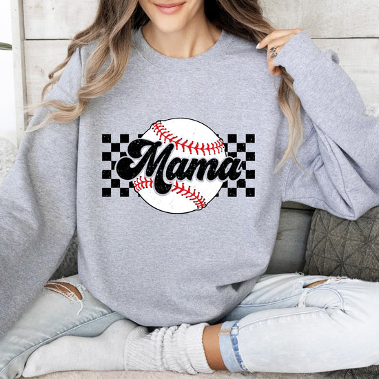 Baseball Mama sweatshirt laid flat showing full checkered graphic design on gray fabric