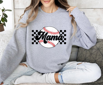 Baseball Mama sweatshirt laid flat showing full checkered graphic design on gray fabric