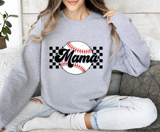 Baseball Mama sweatshirt laid flat showing full checkered graphic design on gray fabric