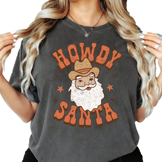 Women's western Christmas shirt in seafoam laid flat showing Howdy Santa graphic design