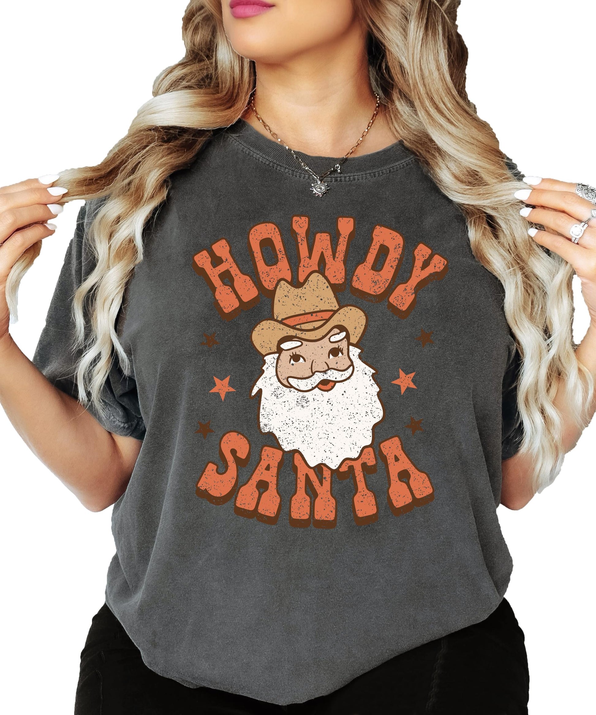 Women's western Christmas shirt in seafoam laid flat showing Howdy Santa graphic design
