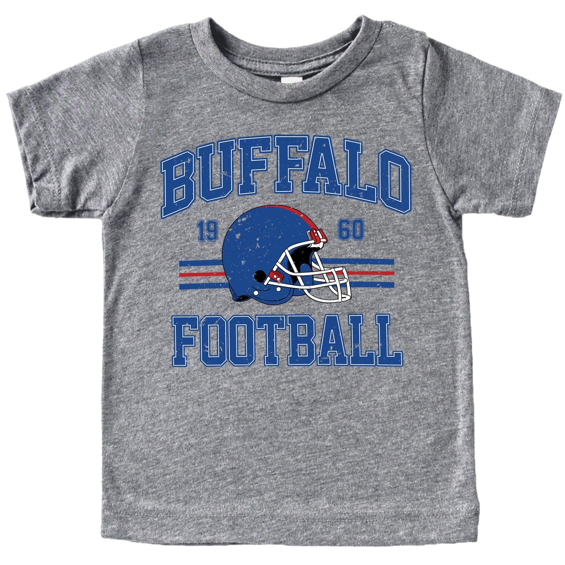 Close-up view of Buffalo Football 1960 vintage graphic print showing distressed blue and red lettering detail