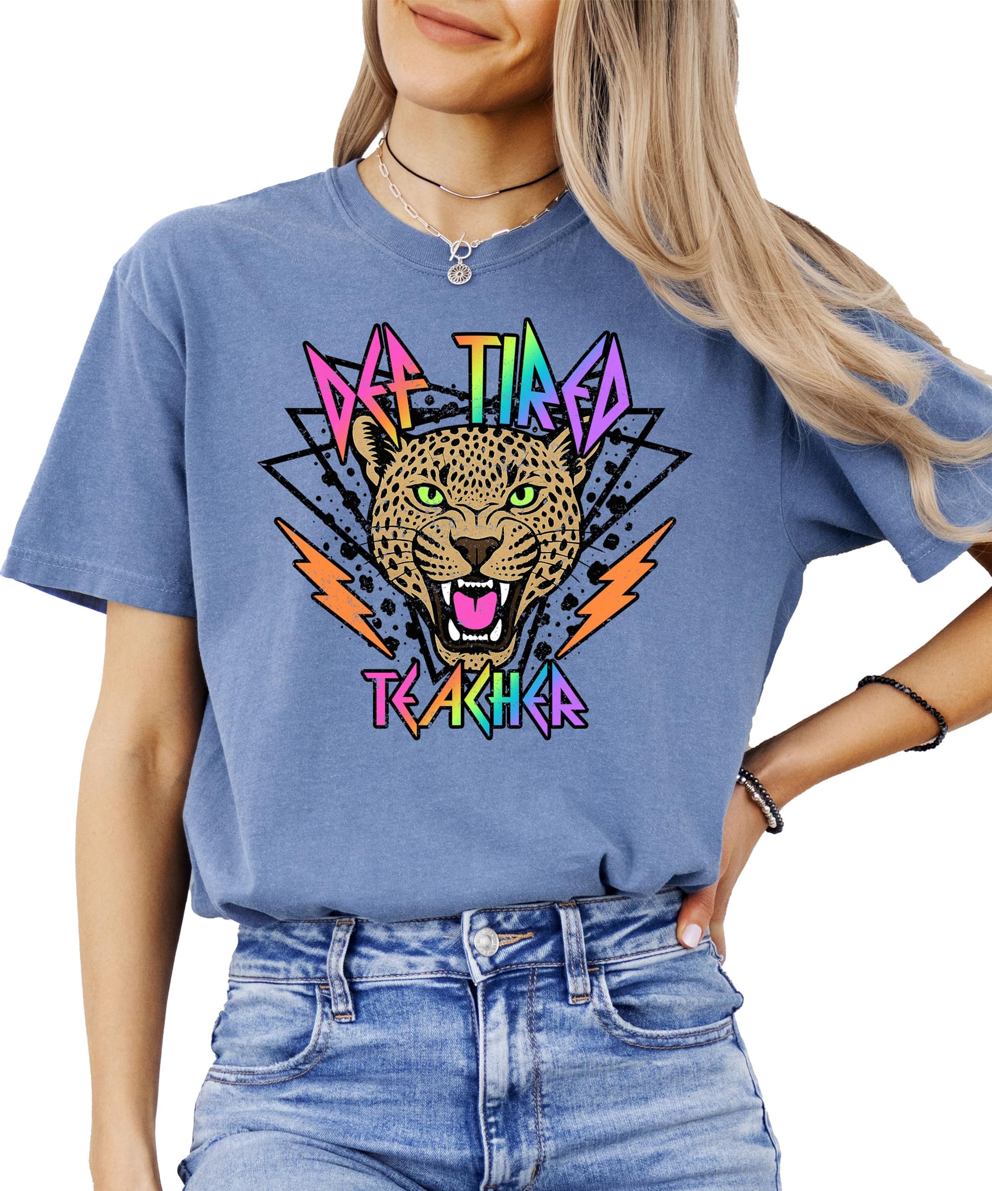 Close-up of bold tiger face and retro neon text on Def Tired Teacher graphic tee