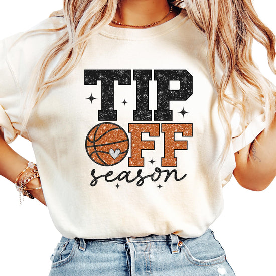 Front view of Tip Off Season glitter basketball shirt for women on model