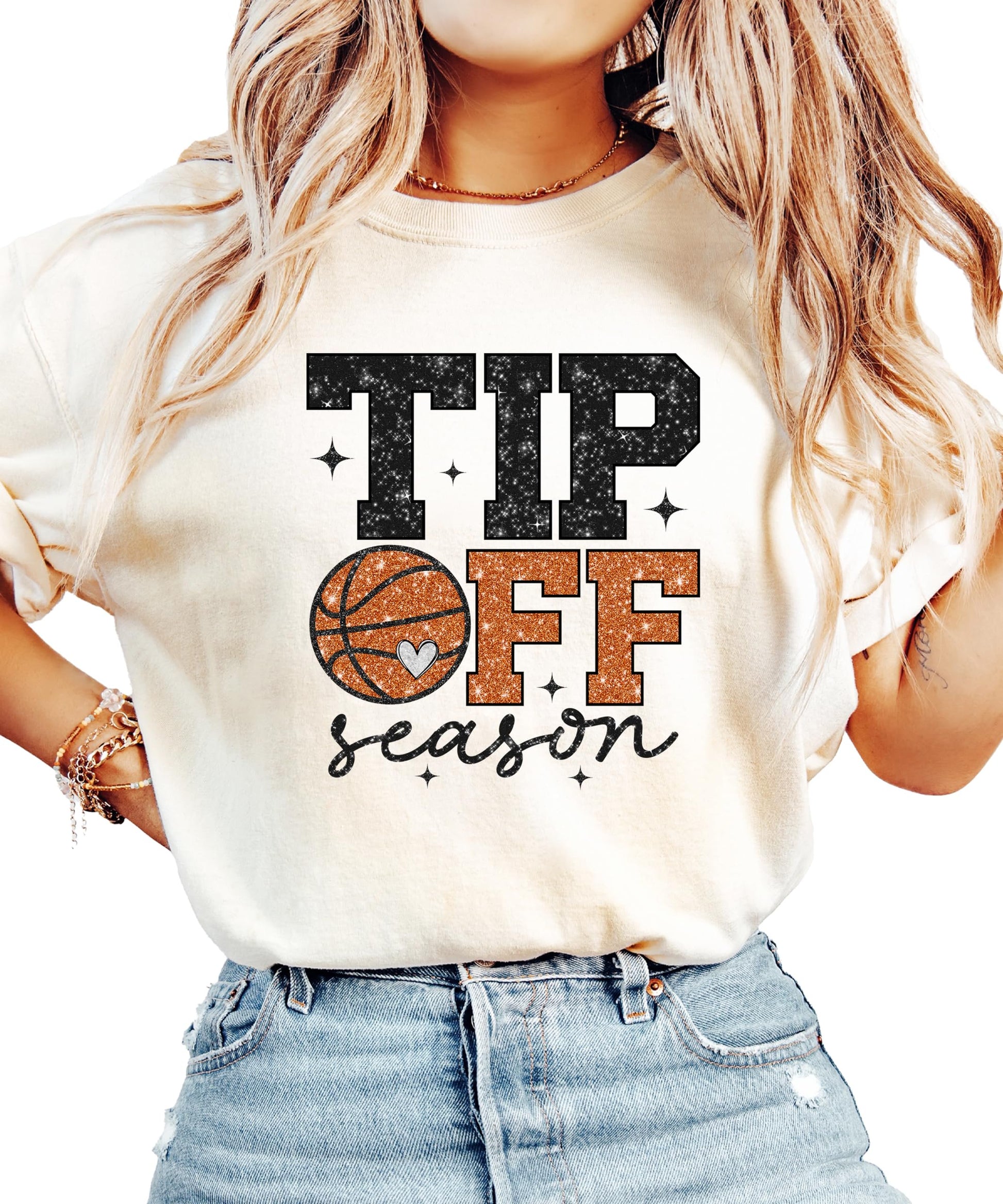 Front view of Tip Off Season glitter basketball shirt for women on model