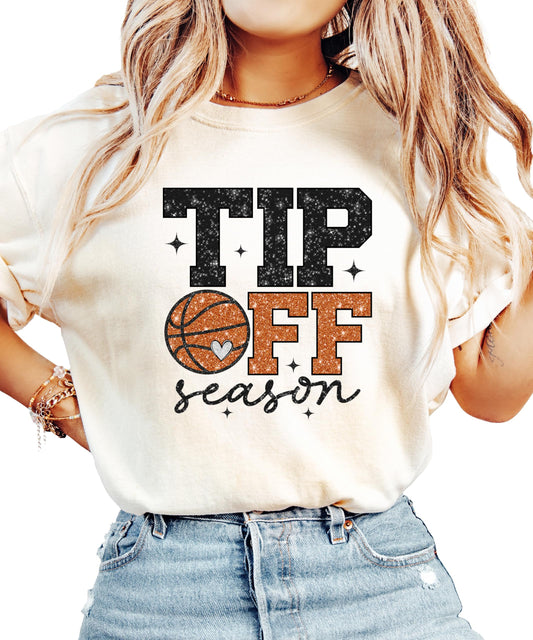 Front view of Tip Off Season glitter basketball shirt for women on model