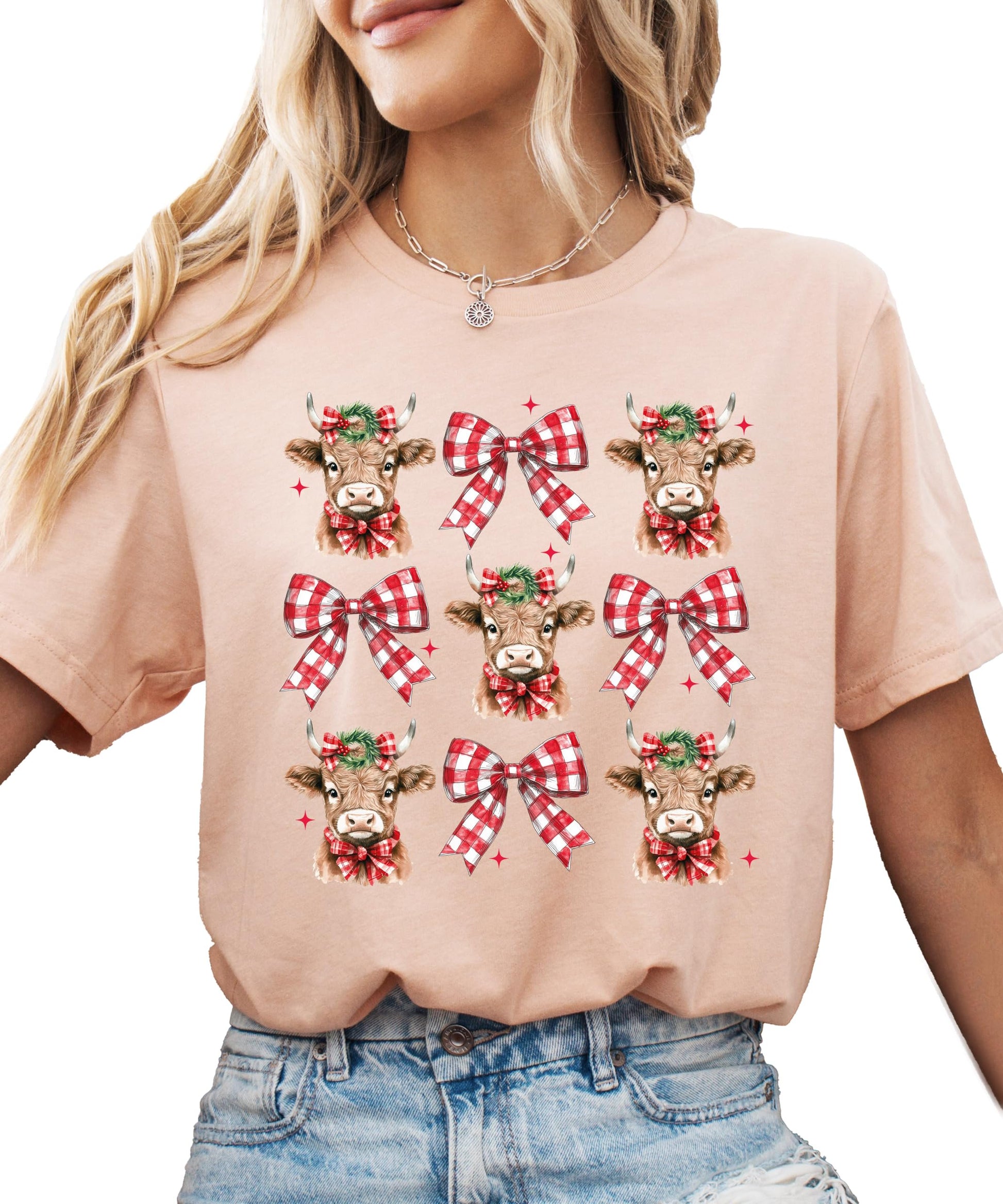 Side or detail view of Christmas cow plaid bow holiday shirt for women and teens