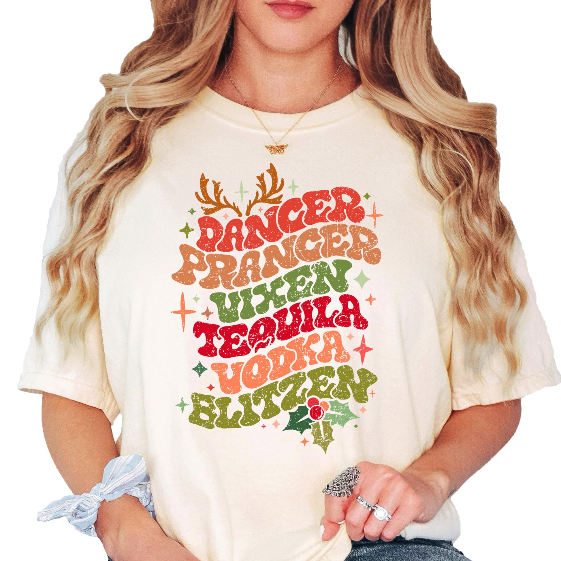 Close-up of reindeer names holiday graphic print on natural cotton shirt