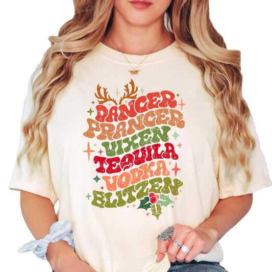 Close-up of reindeer names holiday graphic print on natural cotton shirt