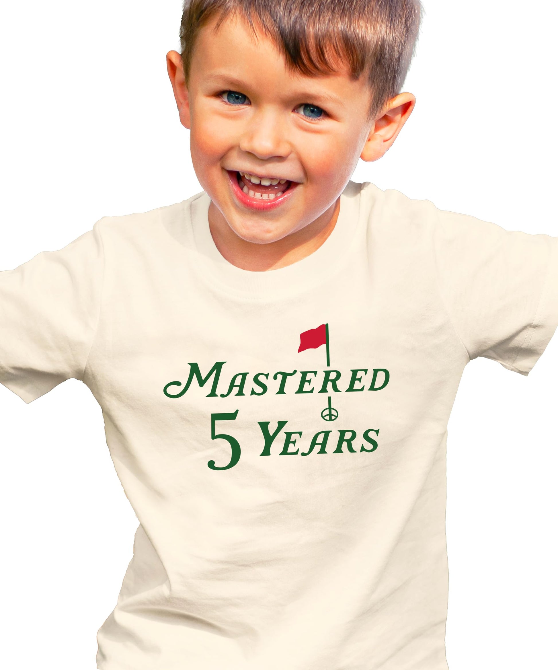 Kids golf themed 5th birthday shirt laid flat showing full design detail