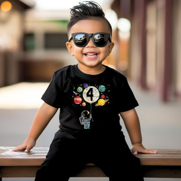4th Birthday Astronaut Rocket T-Shirt with Moon & Planets