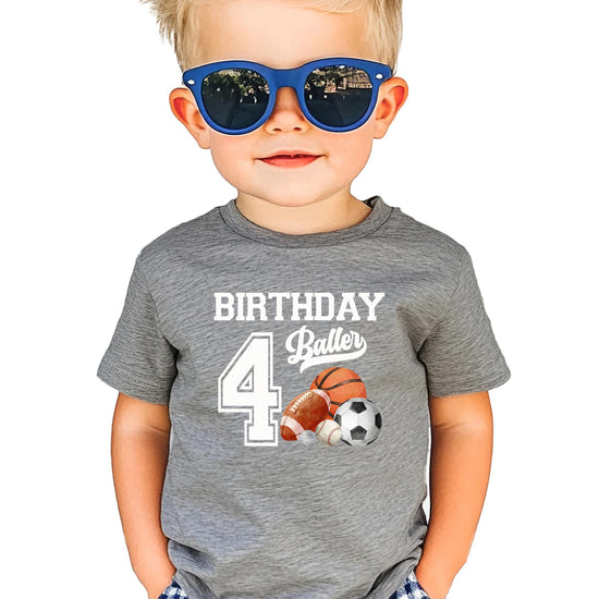 Boys 4th birthday baller graphic t-shirt in granite heather for sports themed birthday party