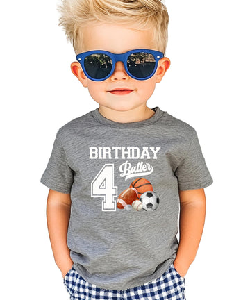 Boys 4th birthday baller graphic t-shirt in granite heather for sports themed birthday party