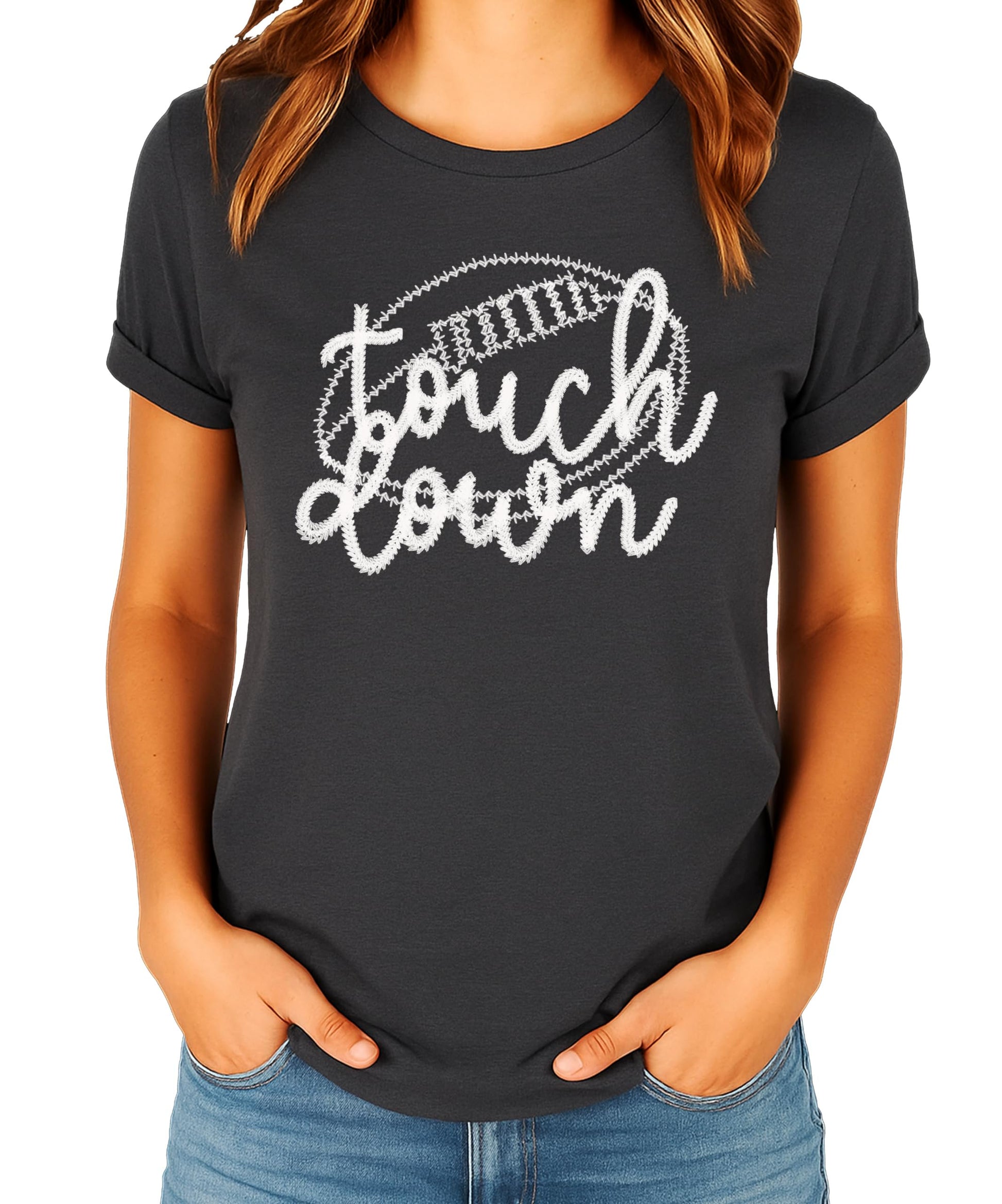 Black women's football graphic tee flat lay showing shirt design and cut