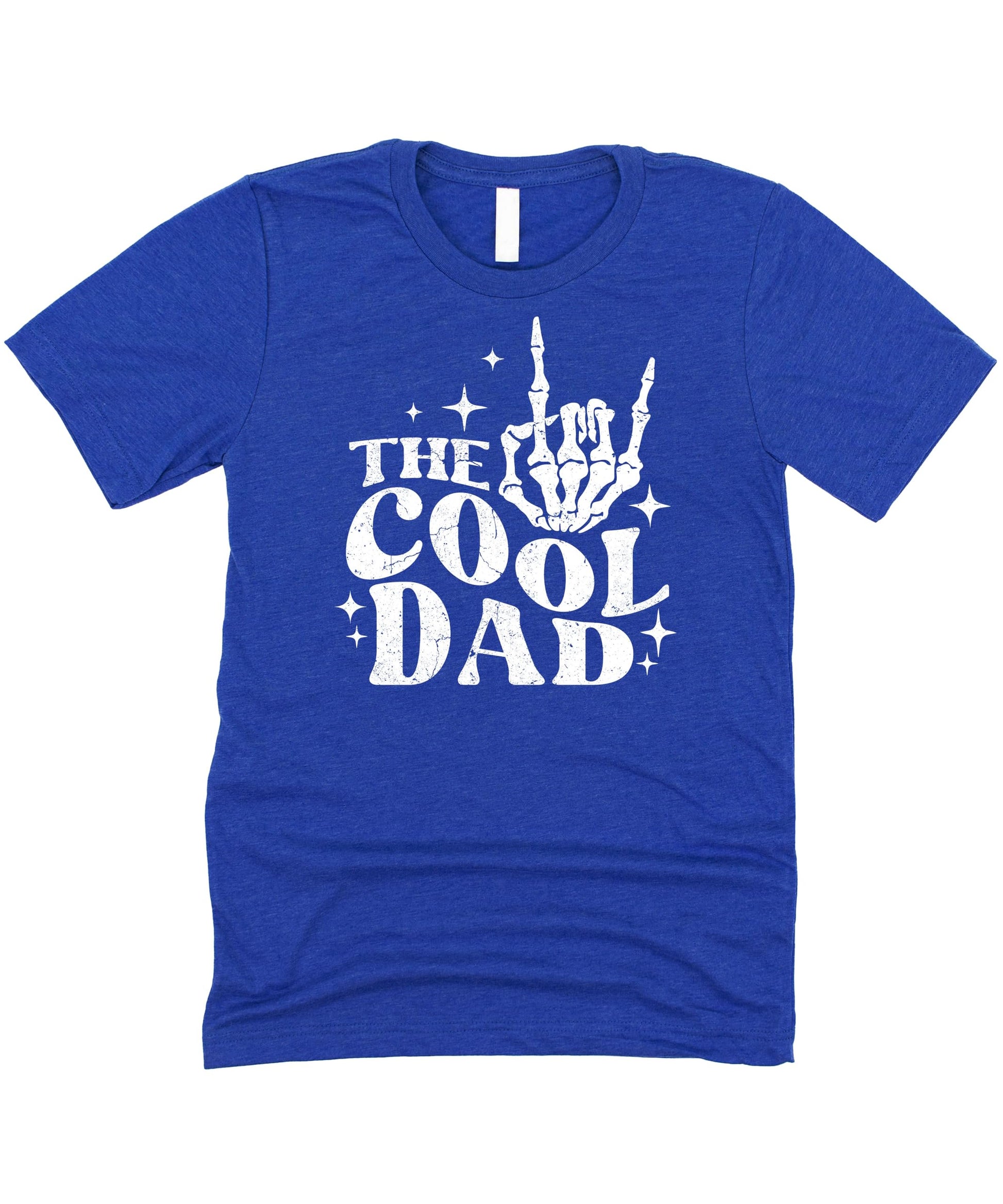 Lifestyle shot of men's cool dad rock skeleton hand graphic tee in black