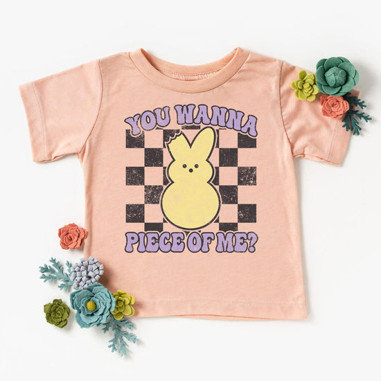 Kids wearing matching You Wanna Piece of Me Easter shirts in family photo setting