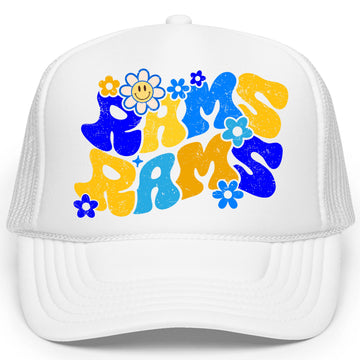 Groovy Floral Rams Trucker Hat for Women and Teens Blue and Yellow Team Pride Snapback